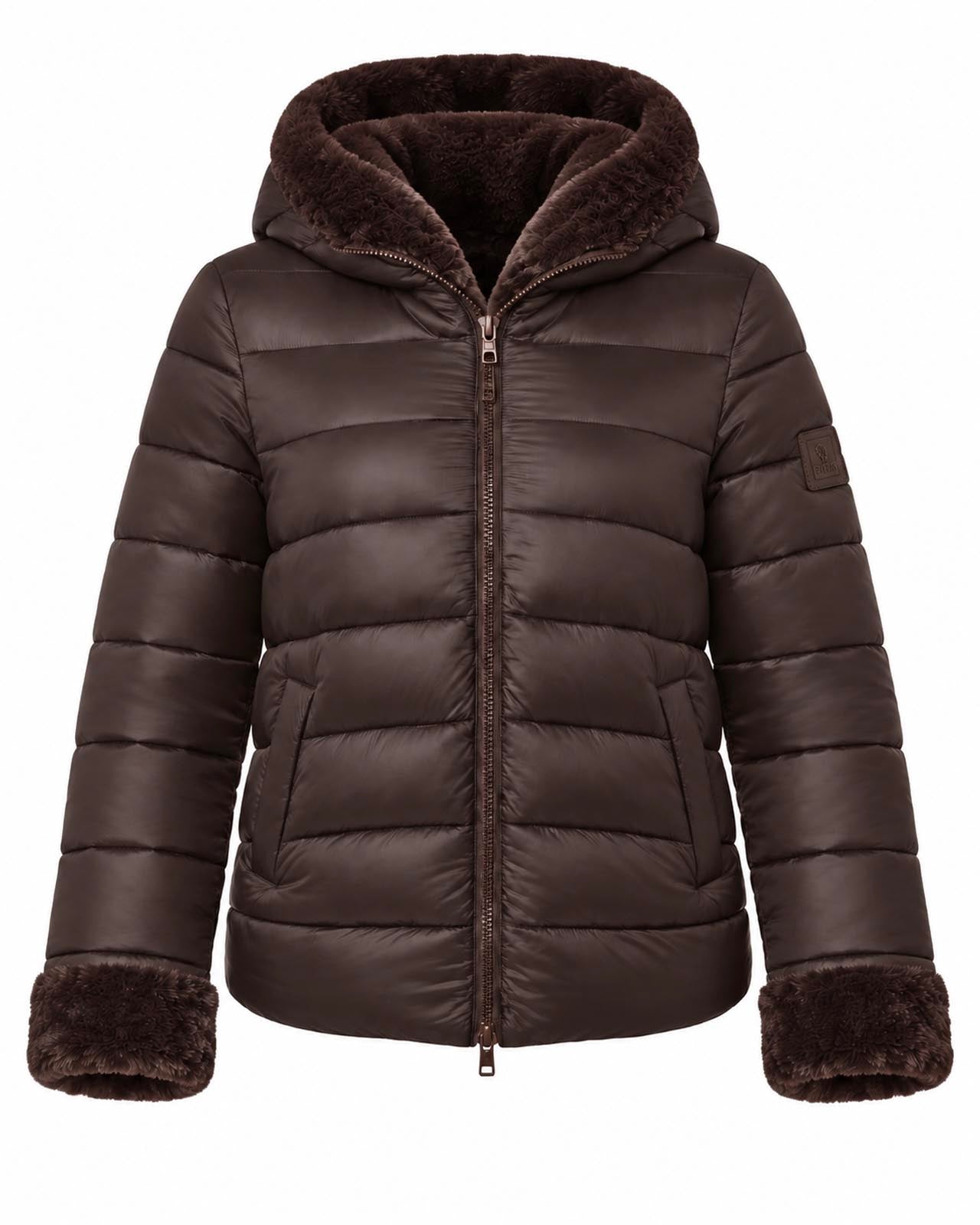 Giubbotto double face con cappuccio in nylon ed ecofur