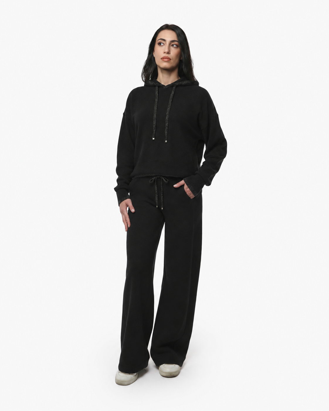 Maglia con cappuccio e bordi lurex