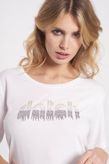 T-shirt con logo in strass