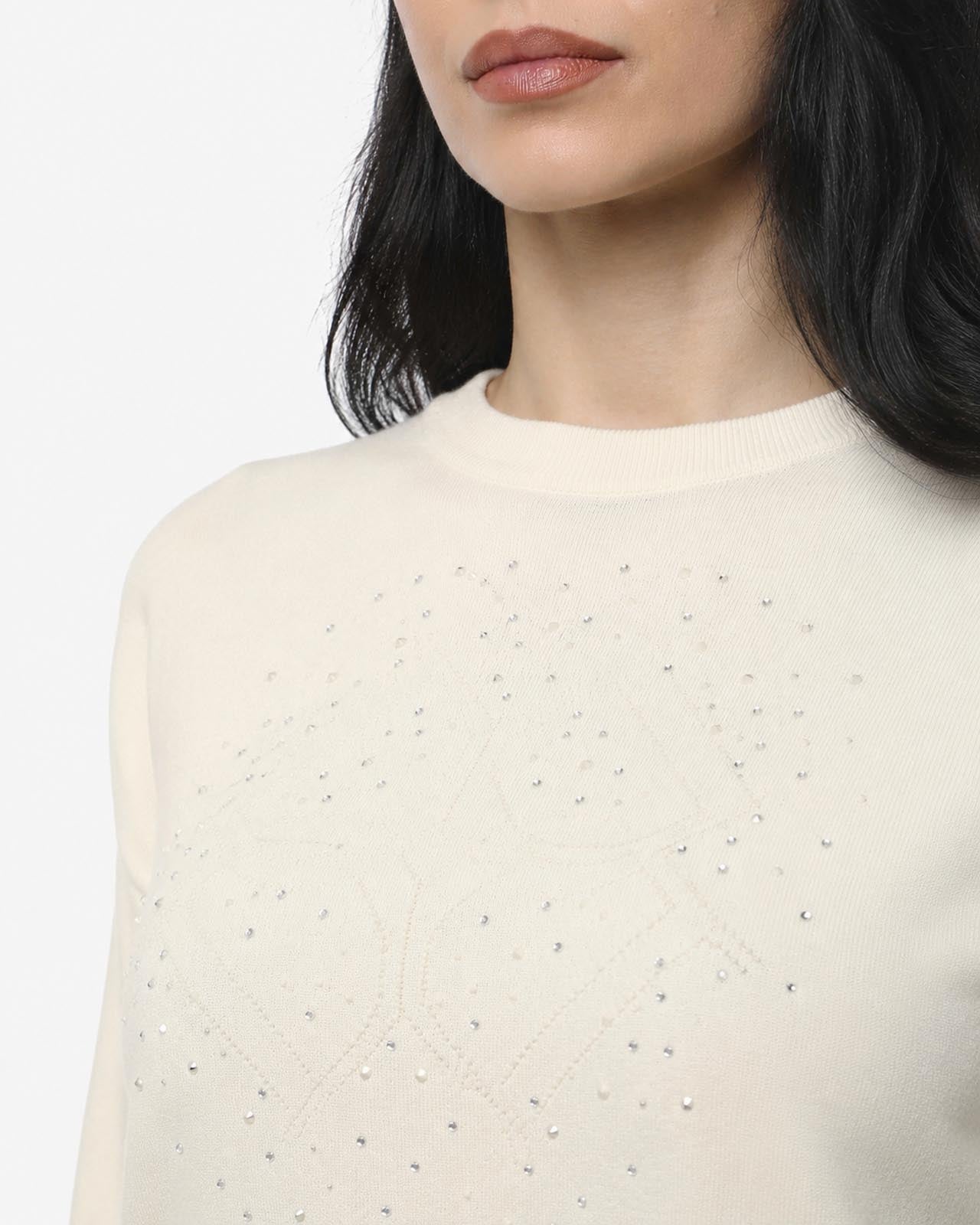 Maglia girocollo con strass e logo jacquard