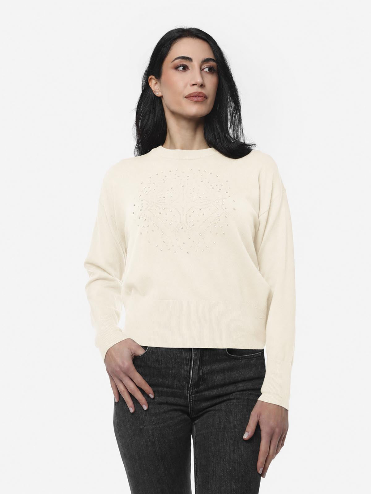 Maglia girocollo con strass e logo jacquard