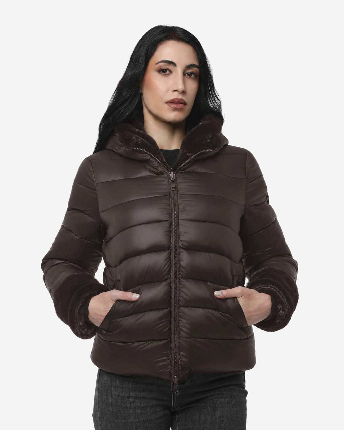 Giubbotto double face con cappuccio in nylon ed ecofur