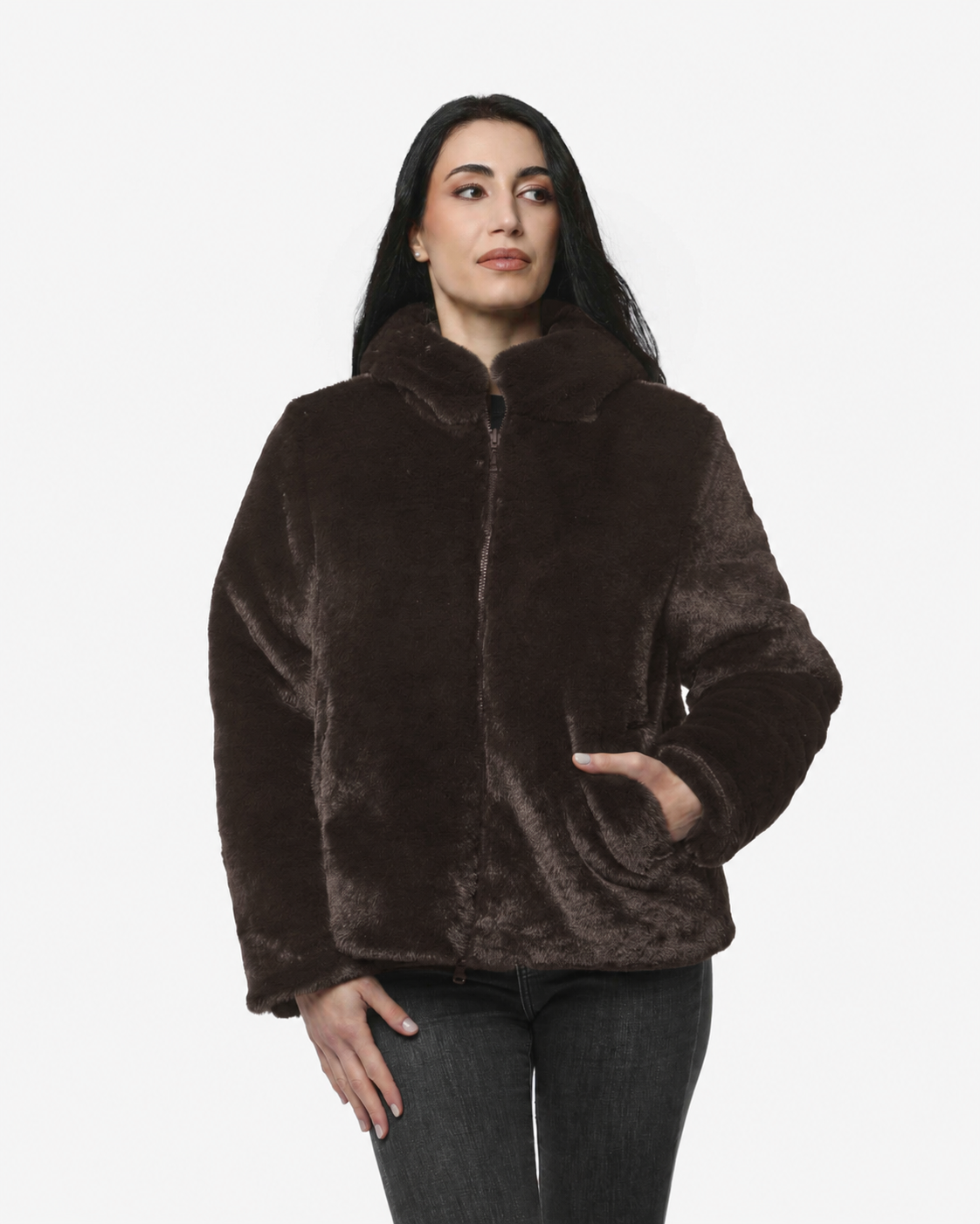 Giubbotto double face con cappuccio in nylon ed ecofur