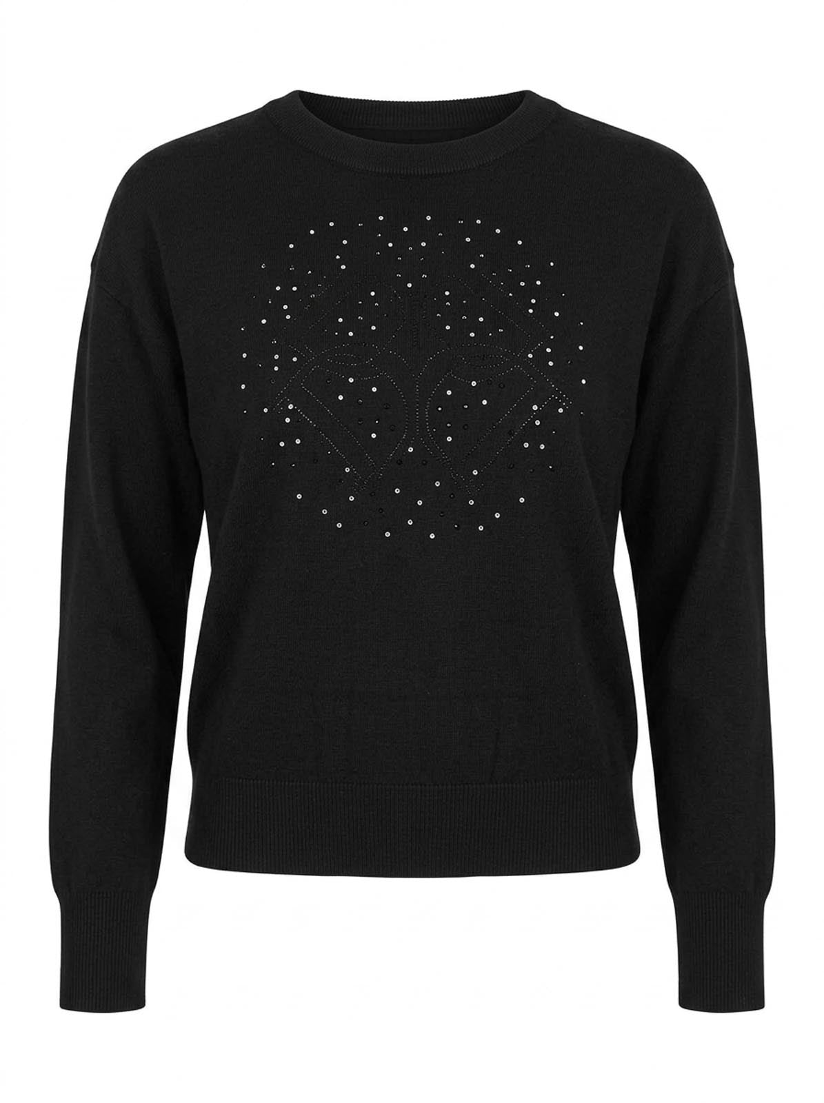 Maglia girocollo con strass e logo jacquard