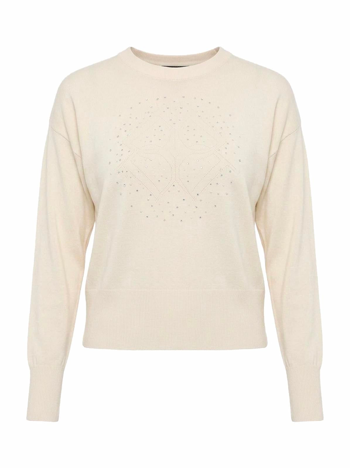 Maglia girocollo con strass e logo jacquard