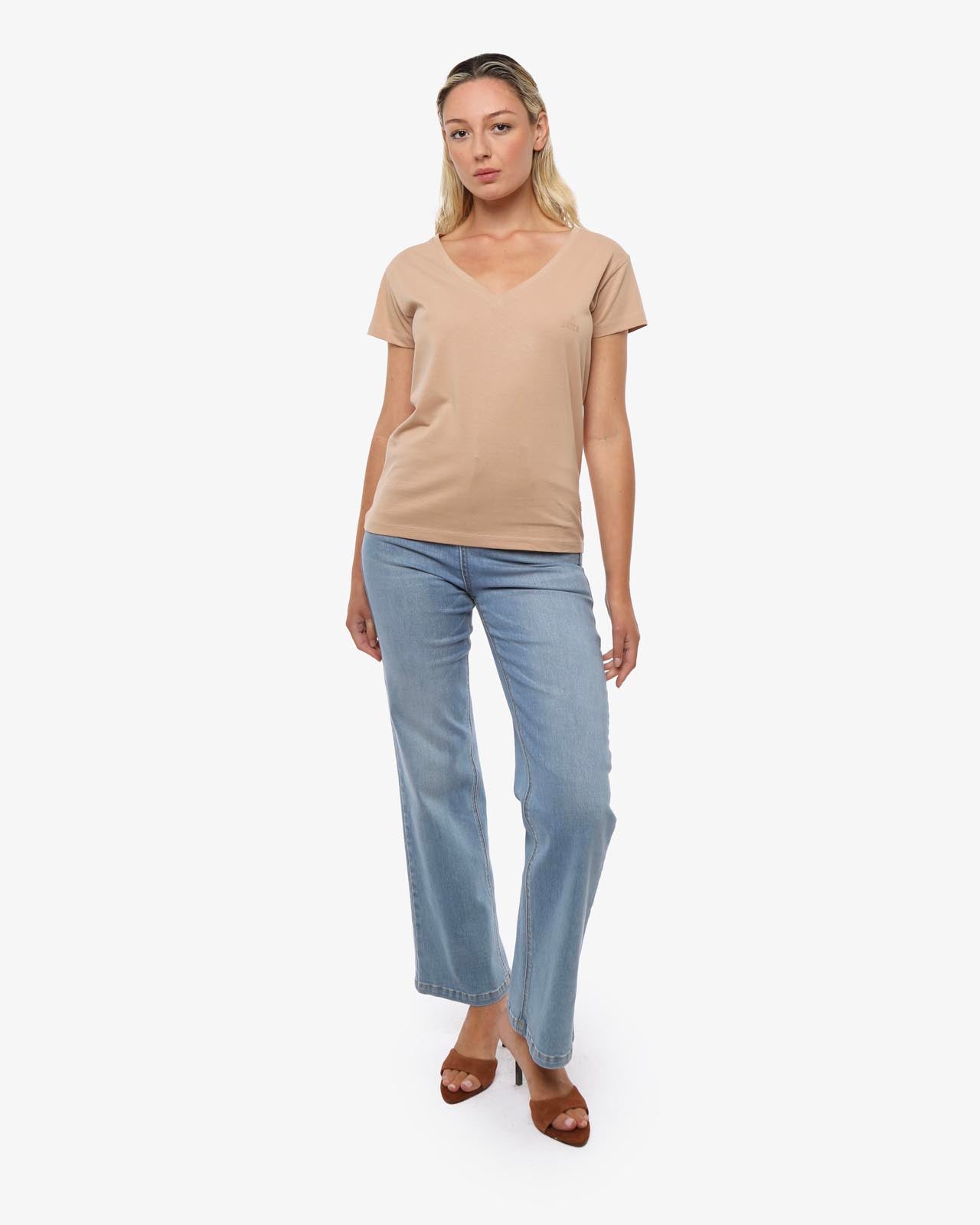 T-shirt scollo a V con stampa in cotone