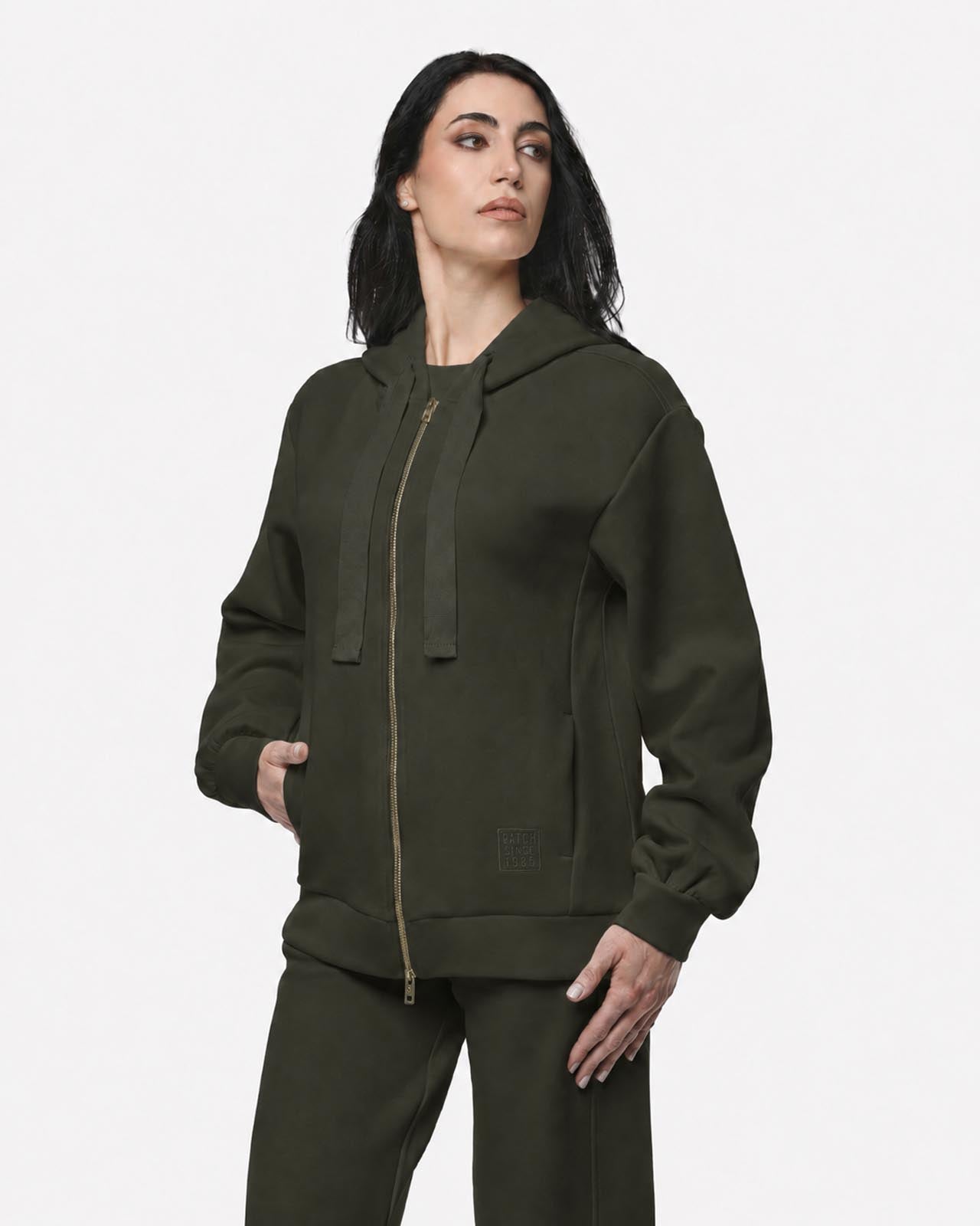 Felpa con cappuccio e zip in interlock
