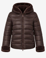 Giubbotto double face con cappuccio in nylon ed ecofur