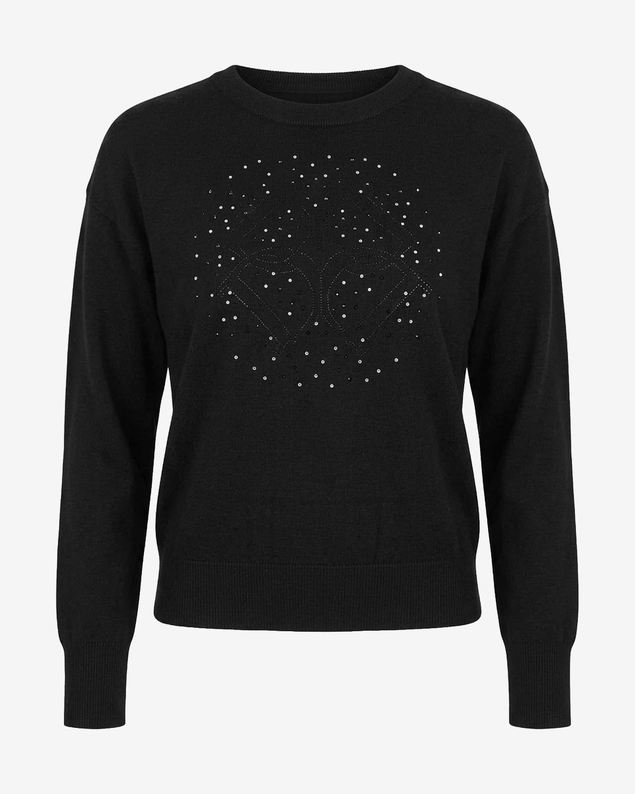Maglia girocollo con strass e logo jacquard