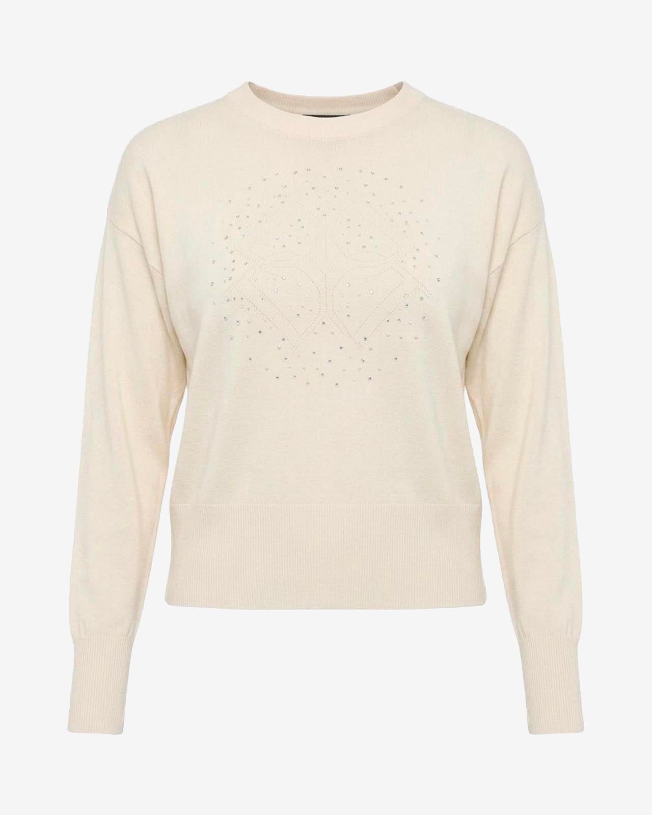 Maglia girocollo con strass e logo jacquard