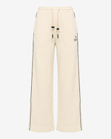Pantaloni a gamba larga in scuba con piping in ecopelle