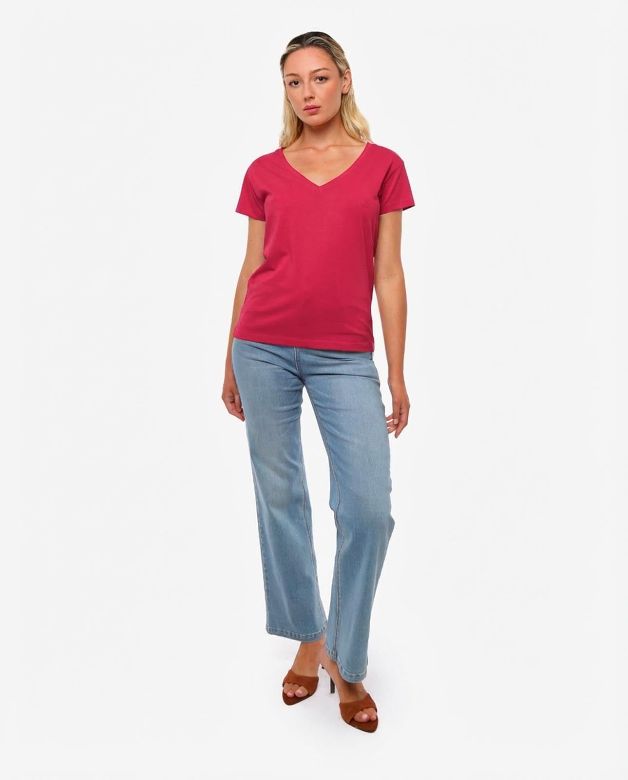 T-shirt scollo a V con stampa in cotone