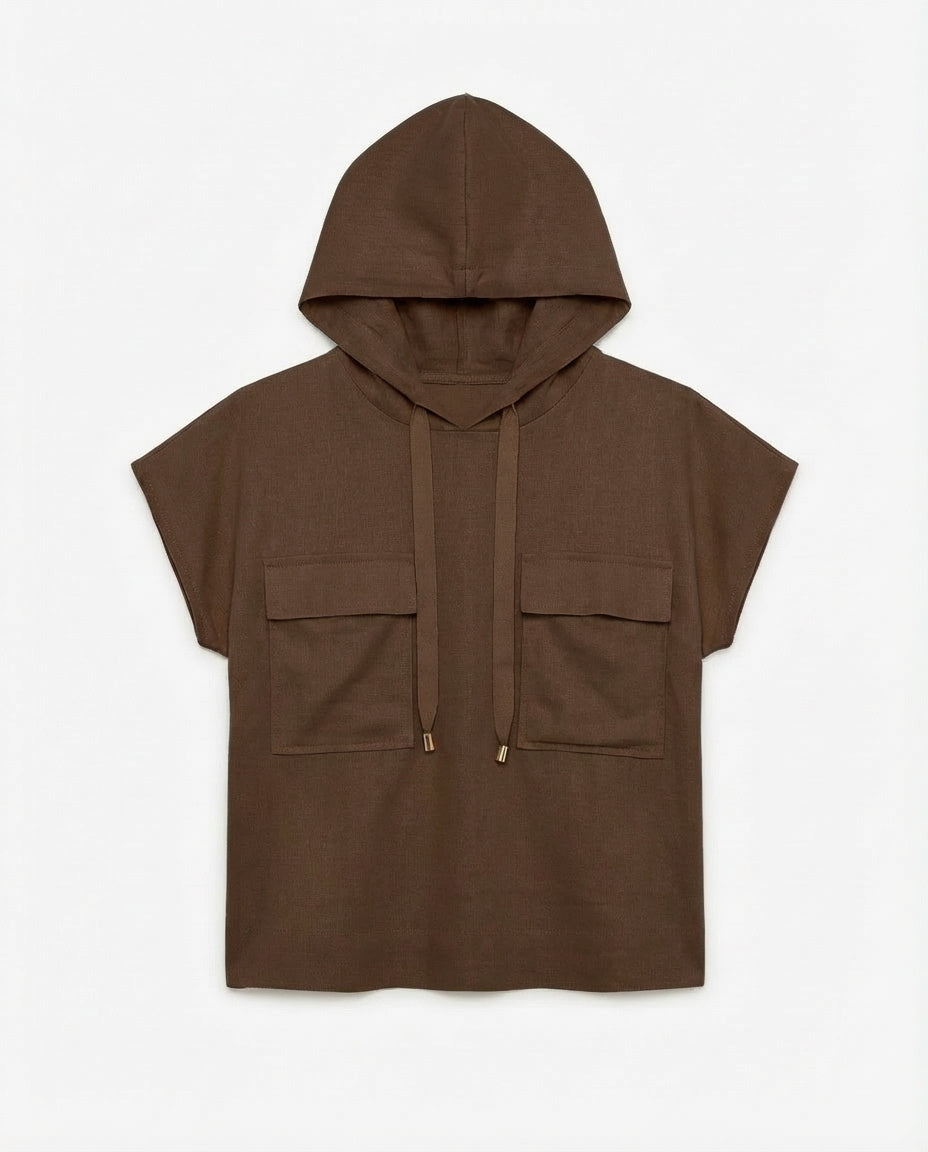 Smanicato tasche cargo con cappuccio in lino